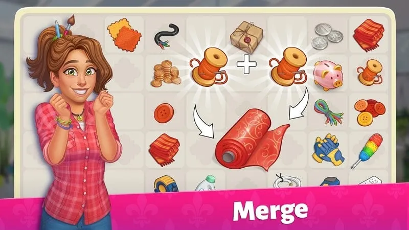 Screenshot do jogo mostrando a mecânica de mesclagem no Merge House Design Makeover.