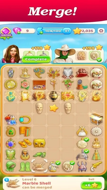 Gameplay screenshot showing the merging of items in Merge Treasure Hunt.