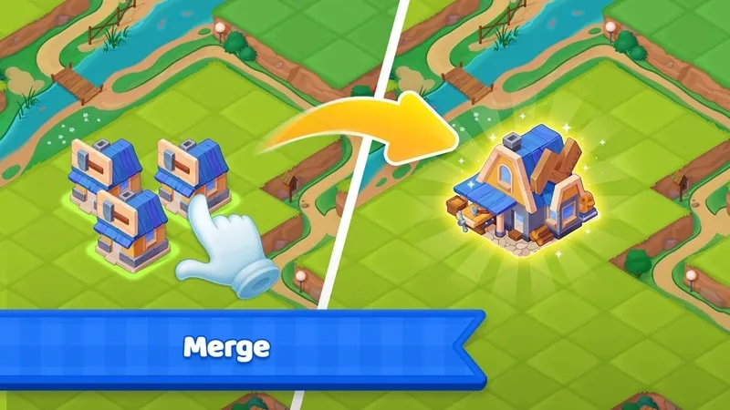 Showcase of in-game items and resources obtainable with unlimited tickets in Merge Ville MOD APK.