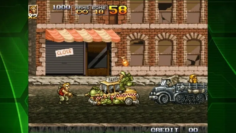 Gameplay of METAL SLUG 4 showing various characters and enemies.