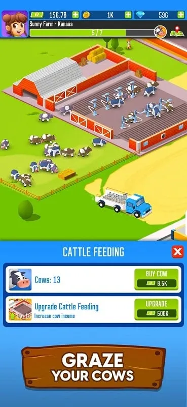 Captura de pantalla del juego mostrando la producción de leche en Milk Farm Tycoon.