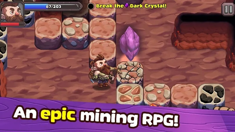 Gameplay Mine Quest 2 menampilkan antarmuka pengguna dan pengumpulan sumber daya.