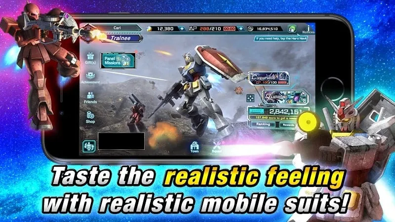 Screenshot dalam game Gundam U.C. Engage yang menggambarkan adegan pertempuran dramatis dengan ledakan.