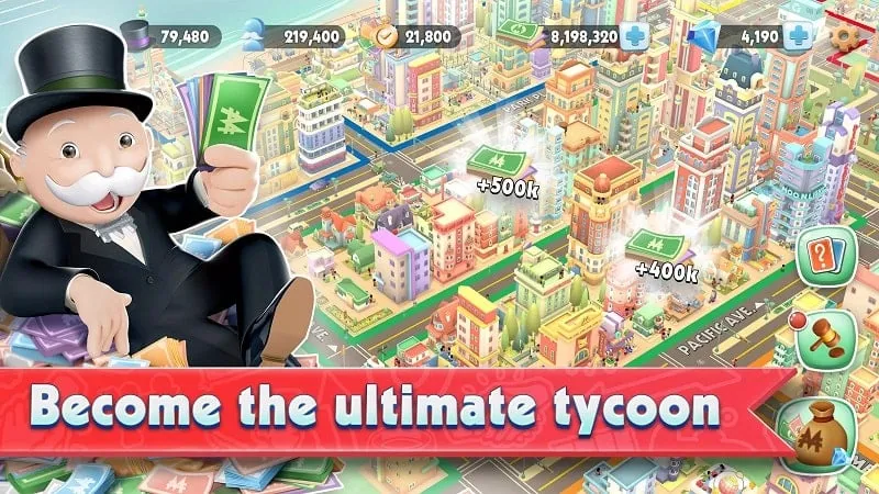 Gameplay screenshot showcasing the use of unlimited money in MONOPOLY Tycoon.