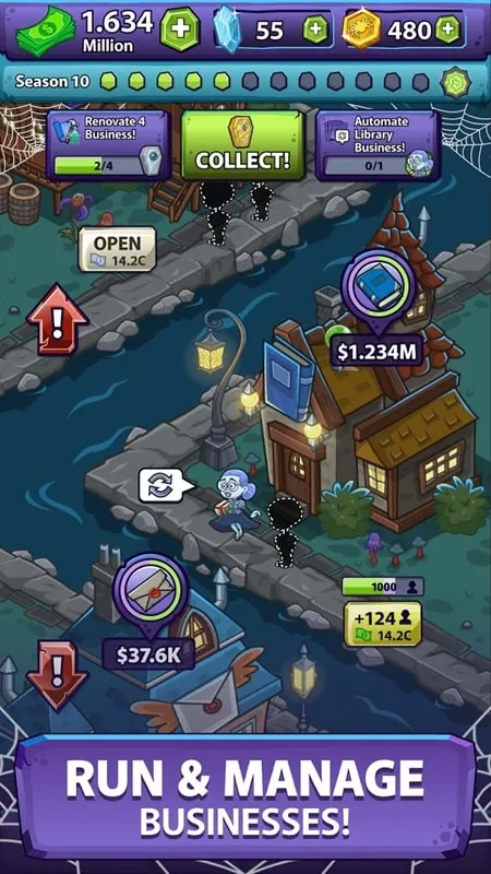 Tela de atualização de construção do Monster Country Idle Tycoon com custo zero destacado.