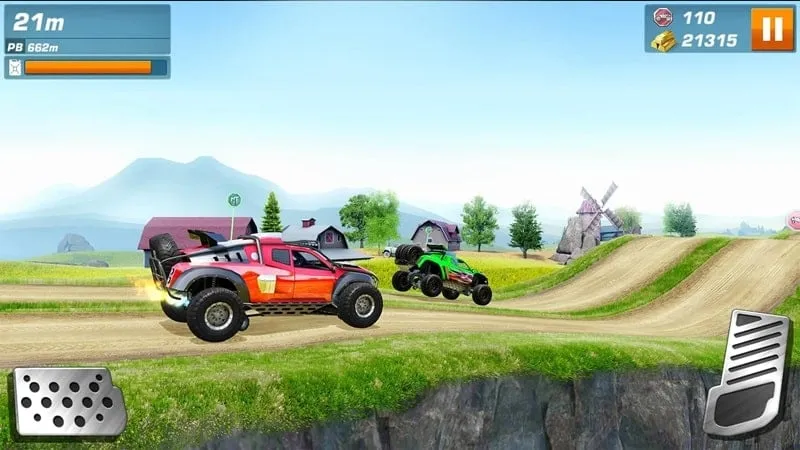 Various monster trucks in the game garage.