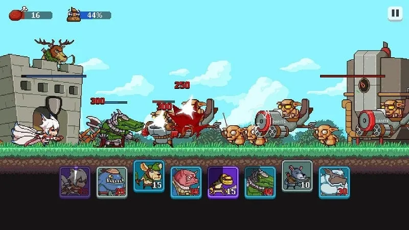 Screenshot mostrando os recursos do jogo disponíveis na versão modificada do Monsters War.