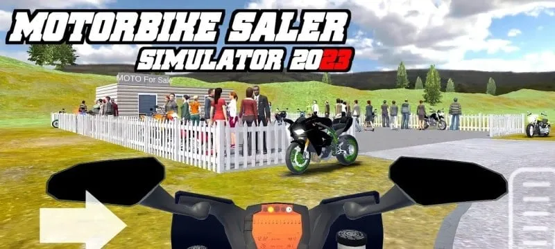 Navigating the main menu in Motorbike Saler Simulator 2023.