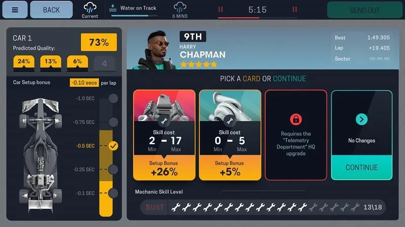 Captura de pantalla del juego que destaca la interfaz de usuario y las opciones de administración en Motorsport Manager Mobile 3.