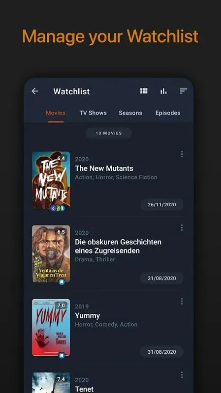 Moviebase mod interface displaying a list of favorite movies