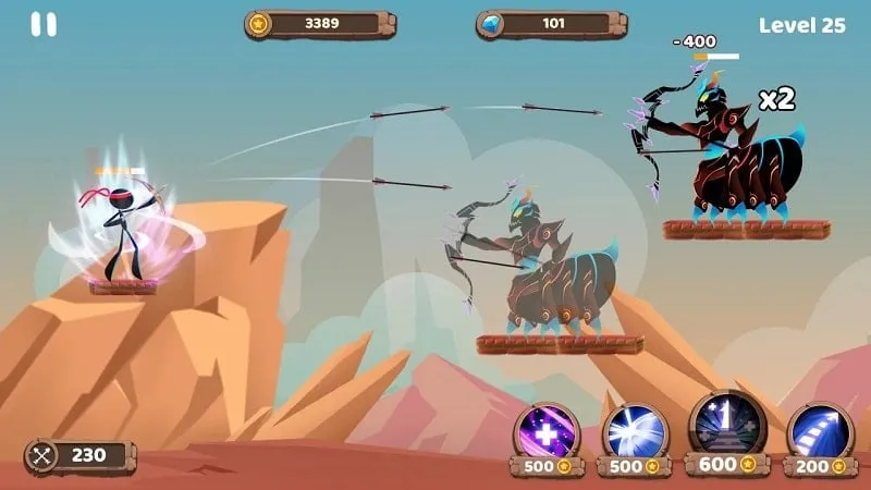 In-game screenshot displaying the character selection screen with various skins available in Mr. Archers.