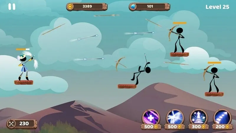 Screenshot of the gameplay in Mr. Archers, showcasing the God Mode feature in action with the player character remaining unaffected by enemy attacks.