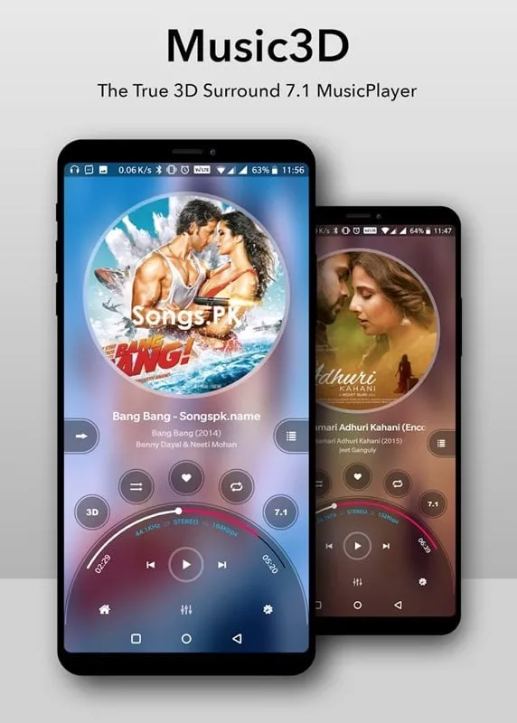 Interface do Music Player 3D Surround 7.1 mod mostrando recursos premium