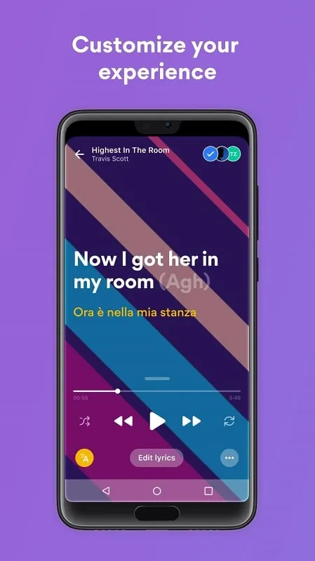 Musixmatch dengan FloatingLyrics diaktifkan di atas aplikasi lain.