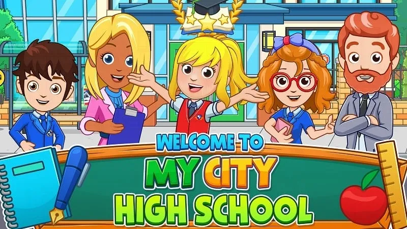 Captura de pantalla del juego My City: High School que muestra una interacción en el aula.