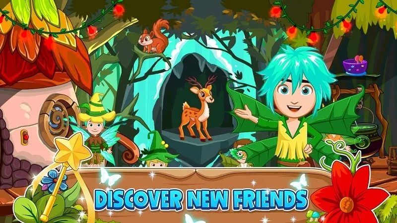 Berbagai karakter dari My Little Princess Fairy Games berinteraksi di hutan.