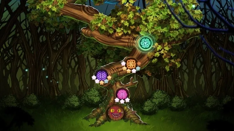 In-game screenshot displaying different levels and stages represented on a tree.