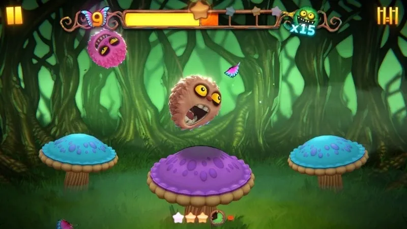 Gameplay screenshot of My Singing Monsters Thumpies showing monsters bouncing on drums.