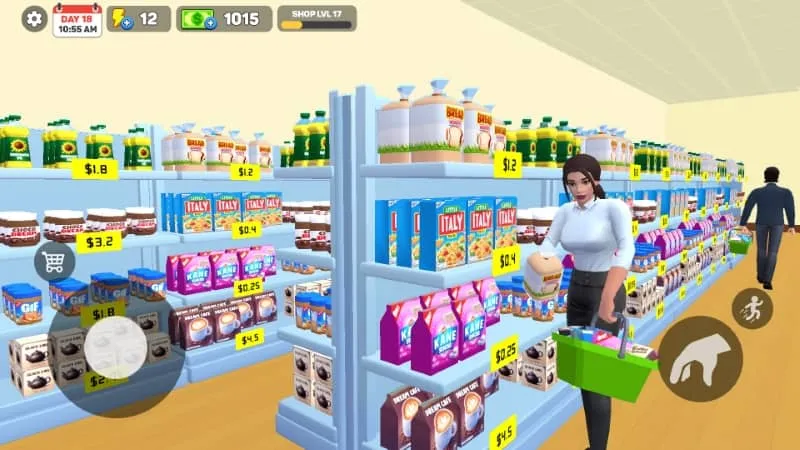 Screenshot mostrando dinheiro e energia infinitos no My Supermarket Simulator 3D MOD APK.