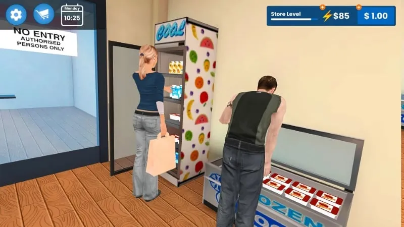 Melihat item yang tersedia di toko dalam game My Supermarket Store Sim.