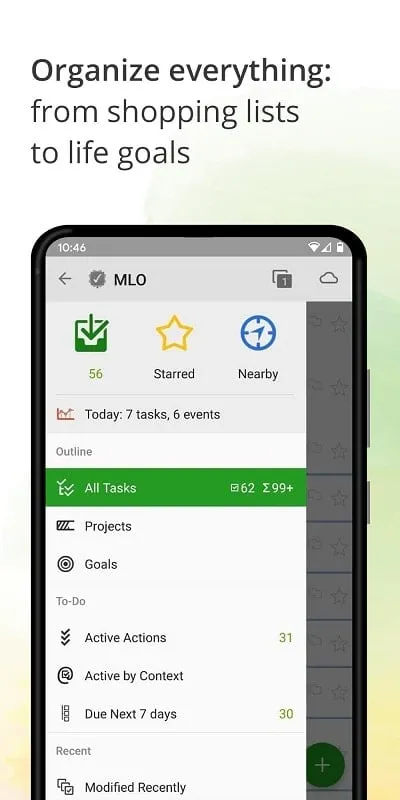 Giao diện MyLifeOrganized To Do List mod hiển thị các tính năng premium