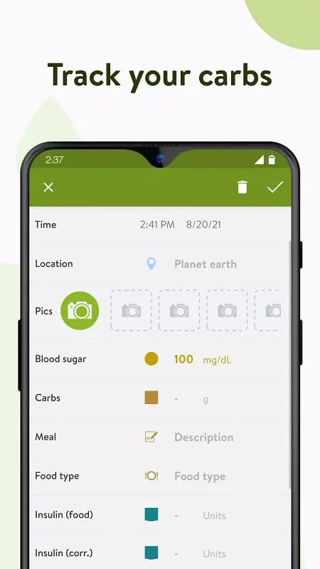 Tangkapan layar mySugr mod apk yang menampilkan fitur pencatatan