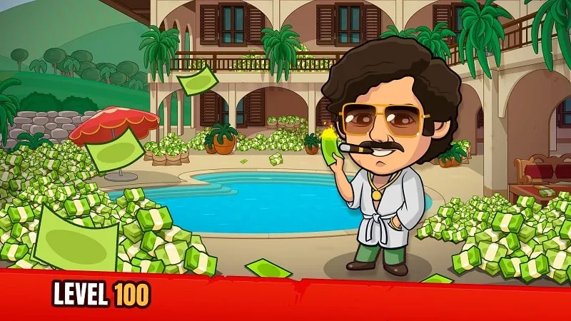 Ví dụ về lối chơi của tính năng nâng cấp miễn phí trong Narcos Idle Cartel.