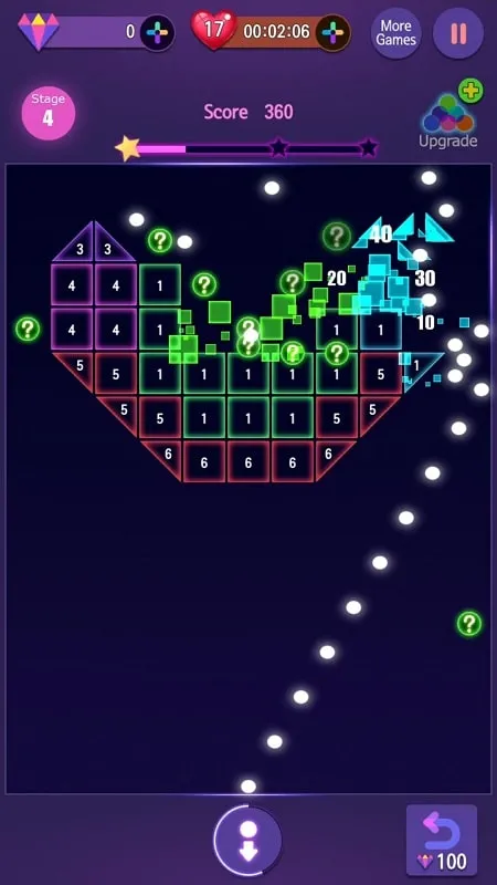 Neon Bricks Master gameplay with upgraded ball features.