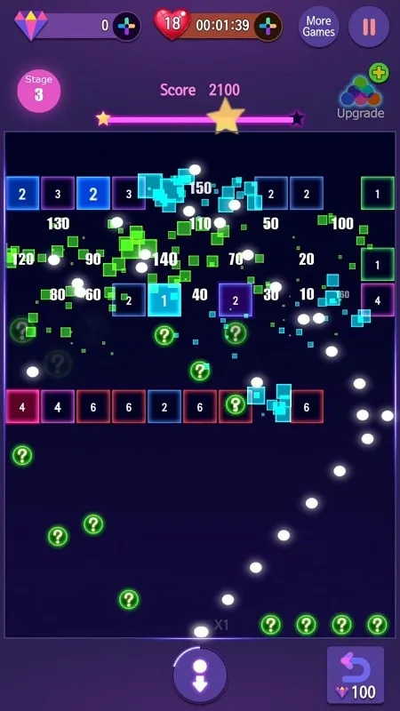 Gameplay of Neon Bricks Master showing ball aiming mechanics.