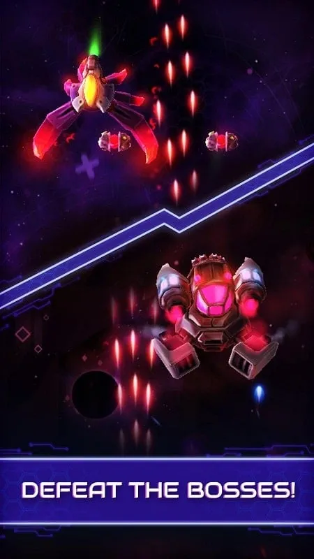 In-game screenshot of Neonverse highlighting the different types of enemy spaceships and attack patterns.