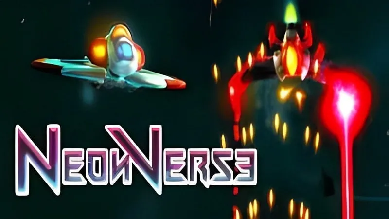 Tangkapan layar gameplay Neonverse yang menampilkan grafis neon yang cerah dan pertempuran luar angkasa yang intens.