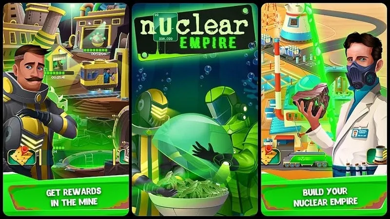 Màn hình chính của Nuclear Empire Idle Tycoon hiển thị tài nguyên và các tùy chọn chơi.