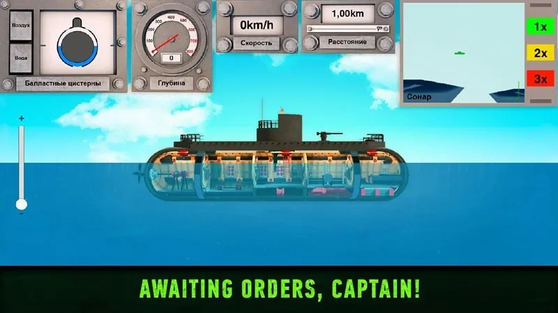 Submarino navegando en Nuclear War Submarine inc MOD APK.