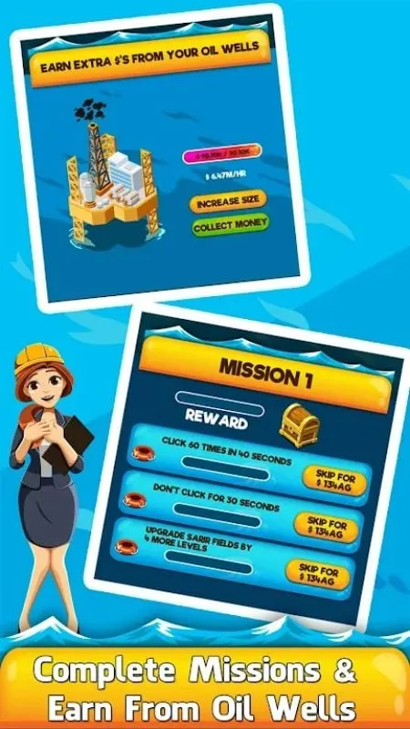 Gameplay Oil Tycoon 2: memperluas operasi minyak dan mengelola sumber daya.