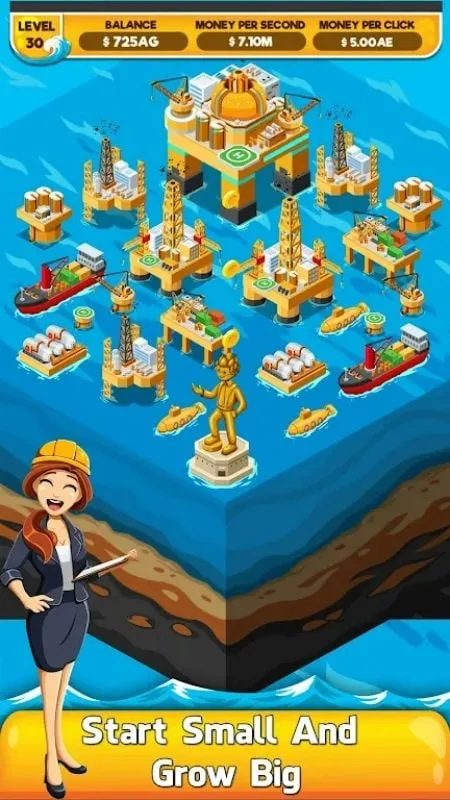 Tampilan antarmuka game Oil Tycoon 2 Mod dengan berbagai opsi upgrade dan sumber daya.