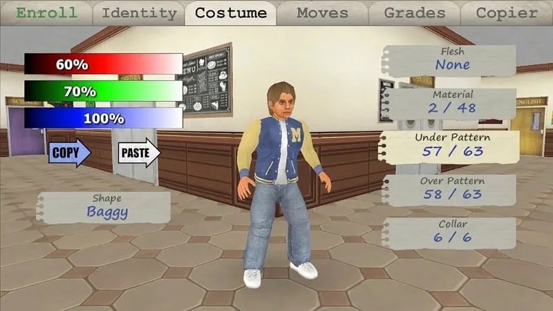 Screenshot of Old School MOD APK highlighting character customization options.