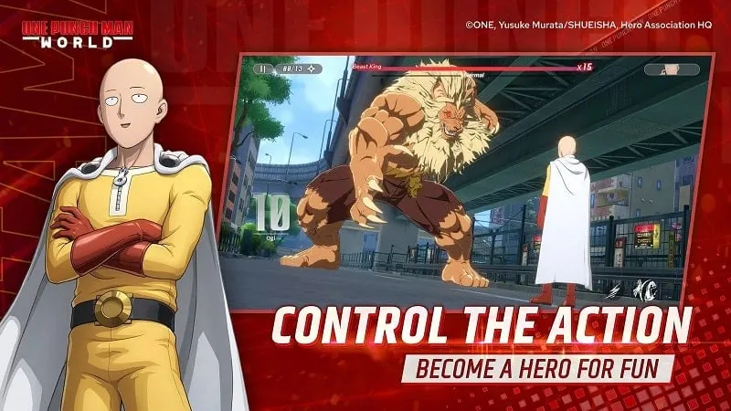 Team battle against a monstrous enemy in One Punch Man World.