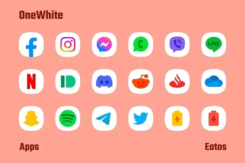 Interface do aplicativo OneWhite exibindo uma variedade de pacotes de ícones