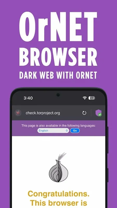 OrNET Browser apk demonstrando a verificação de segurança do site