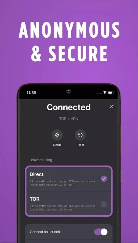 OrNET Browser mod apk exibindo o status da conexão VPN