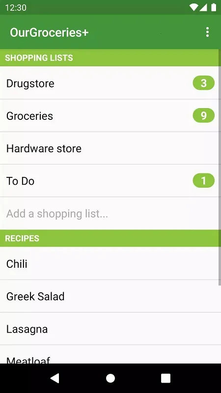 Giao diện Our Groceries Shopping List mod hiển thị tính năng premium