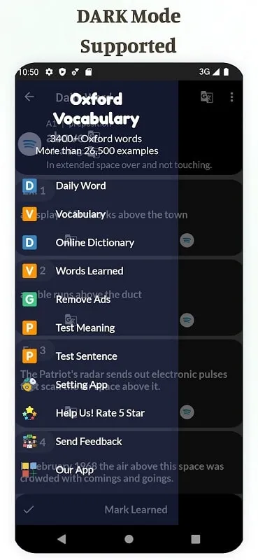 Tampilan antarmuka Oxford Vocabulary mod dengan berbagai modul pembelajaran dan kuis