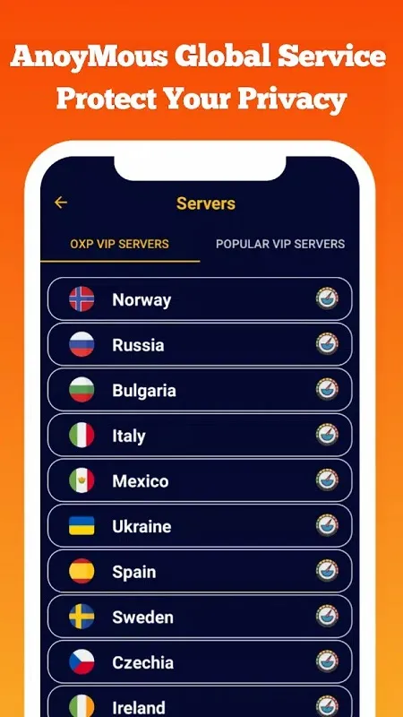 Tela de seleção de servidor do OXP VPN