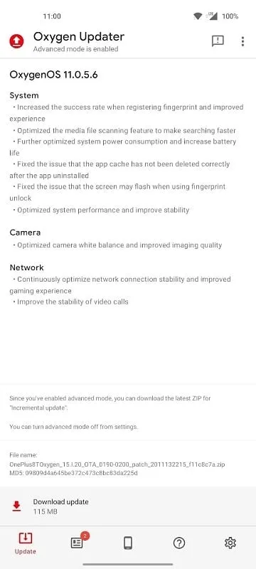 Oxygen Updater mod apk showing device information