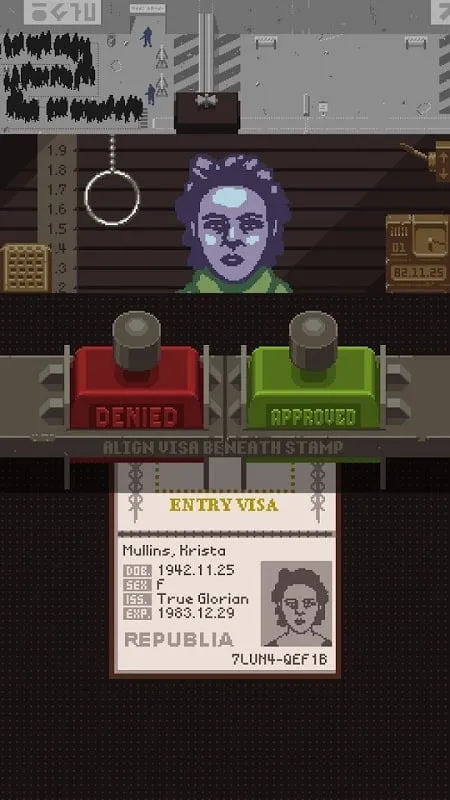 Tangkapan layar gameplay Papers, Please yang menampilkan mata uang dalam game dan antarmuka dengan mod uang tak terbatas diaktifkan.