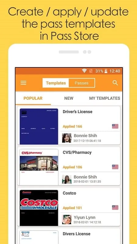 Pass2U Wallet displaying various card types
