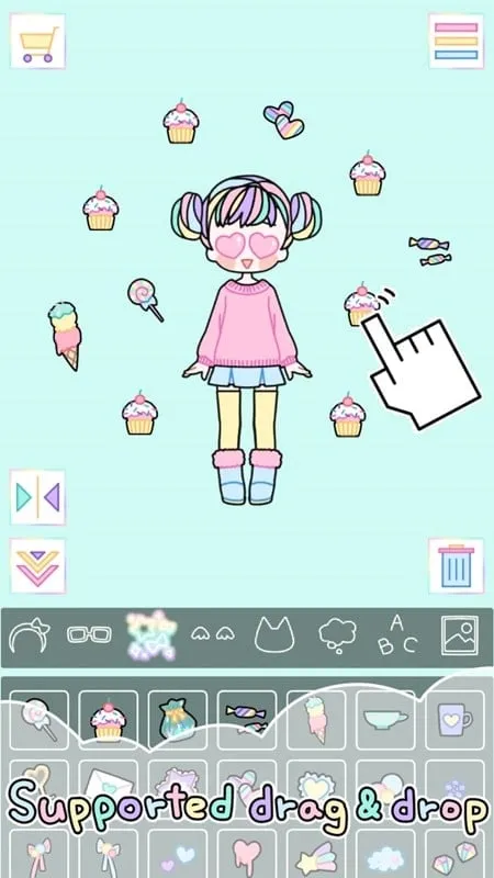 Personalizando un personaje en Pastel Girl con las funciones del MOD desbloqueadas.