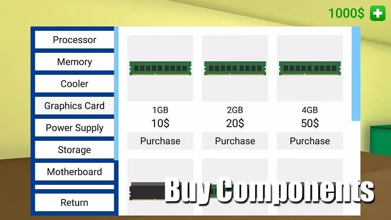 A collection of computer components in PC Simulator.