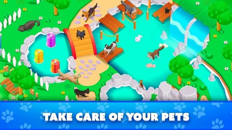 Hình ảnh tương tác với động vật và quản lý trung tâm trong Pet Rescue Empire Tycoon.