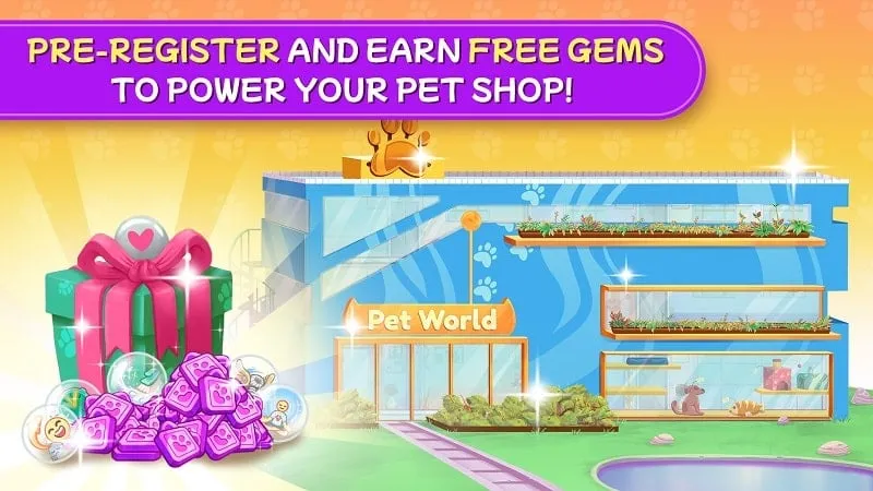 Screenshot gameplay Pet Shop Fever menampilkan sumber daya tak terbatas.